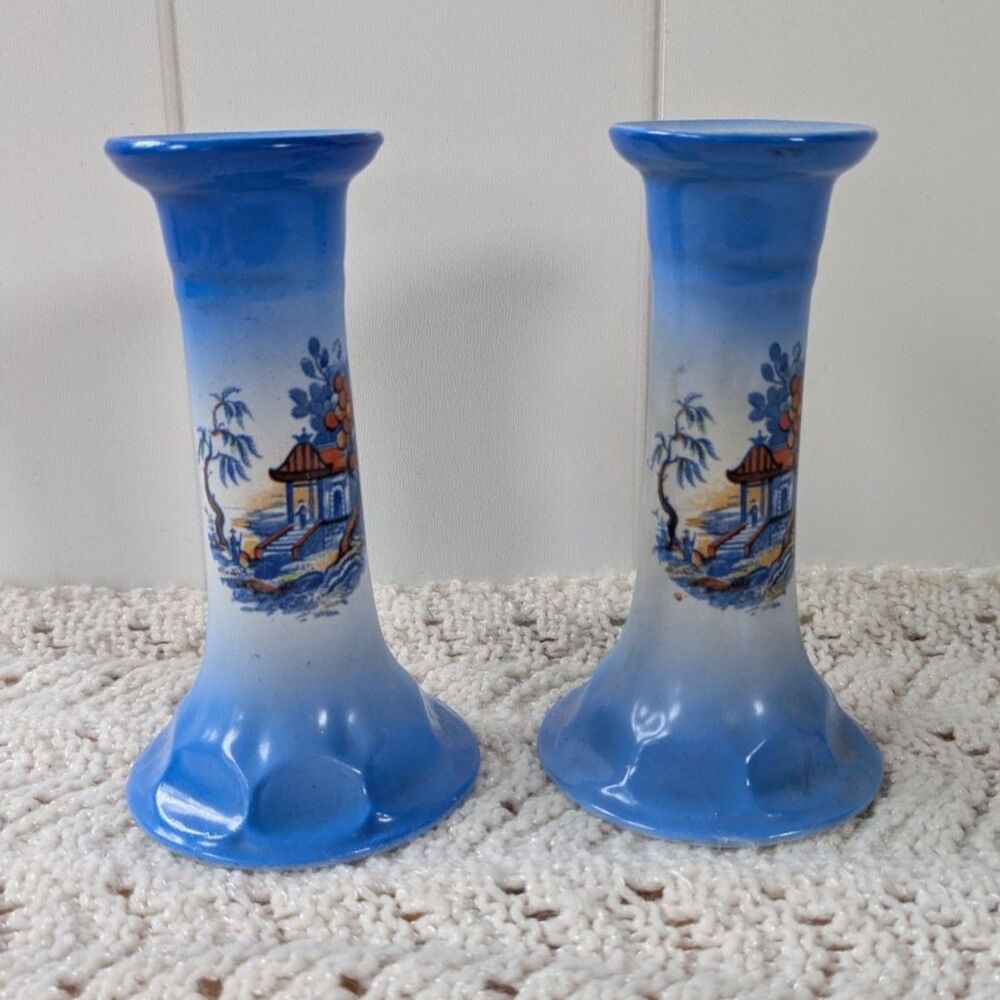 2 Pcs Porcelain Candlestick Holders - Blue with Japanese Garden Scene